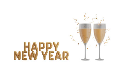 3D Golden Happy New Year Font With Drink Glass And Curl Confetti Ribbon Against Background.