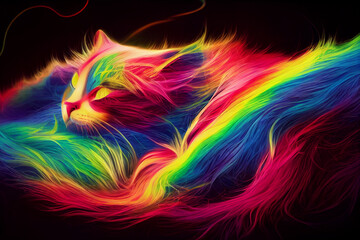 3D illustration of an abstract cat shining in rainbow colors, infinite turbulence, fluorescent red colours comforting and relaxing design.