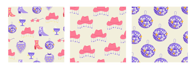 Fototapeta na wymiar Set of seamless patterns with disco balls, cowboy boots, hats, bandana, martini glass and sunglasses. Vector flat backgrounds. Party, celebration, psychedelic, cowgirl disco concept