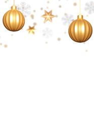 3D Shiny Golden Baubles Hang With Blur Stars, Snowflakes, Bokeh Effect Against Background And Copy Space.