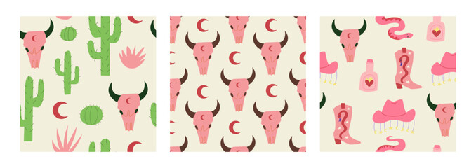 Set of seamless patterns with snakes, cowboy boots, hats, bull skull, cactuses, bottle and moon. Wild west, western vector backgrounds