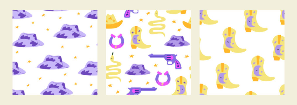 Set of seamless patterns with cowboy hats, boots, gun, snakes, horseshoe and stars. Vector wild west backgrounds