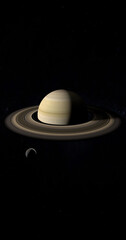 Fototapeta na wymiar Mimas moon orbiting around the Saturn planet. 3d render