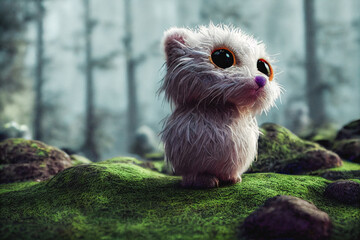 Fantasy stuffed animal standing in a forest