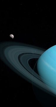 Satellite Miranda orbiting around Uranus planet in the outer space. 3d render