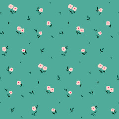 Seamless floral pattern, cute ditsy print with meadow in simple modern design. Cute flower background design with simple small flowers, leaves in abstract arrangement. Vector botanical illustration.