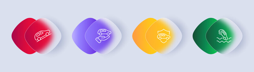 Road signs set icon. Hill, hand, shield, fall into water, cliff, warning, caution, danger, drive, drunk driving, unable to control the car. Traffic concept. Glassmorphism style. Vector line icon