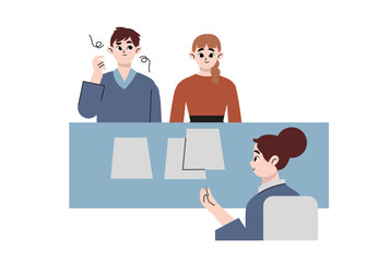 Vector illustration material of a young couple consulting with a woman in a suit to explain