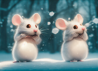 Two mice having cold in the winter environment