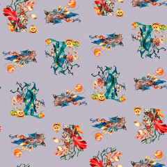 Various cute haunted houses watercolor seamless pattern isolated on grey.