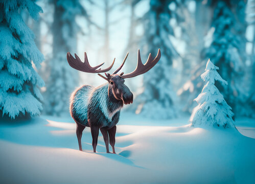 A moose walking in a winter forest
