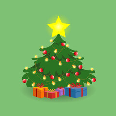 Festive Christmas tree in cartoon style vector illustration. Decorated green fir-tree with gift boxes, Xmas star, balls, candies and lights. Happy New Year concept. X-tree