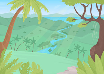 Fototapeta na wymiar Tropical rainforest flat color raster illustration. Natural paradise. Undeveloped jungle environment. Wildlife spotting. Forested 2D simple cartoon landscape with river and lush foliage on background
