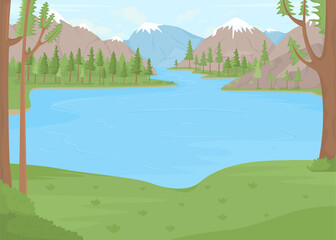 Fototapeta na wymiar Lake surrounded by snow capped mountains flat color raster illustration. Waterfront vacation. Romantic getaway along water 2D simple cartoon landscape with green spruces on background