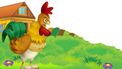 cartoon farm scene with chicken rooster bird illustration for children