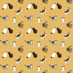 猫のシームレスパターン　手描きイラストの動物柄テキスタイル