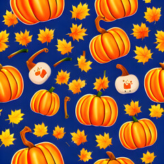 賑やかなかぼちゃと紅葉のイラスト