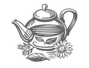 Green tea sketch. Teapot with flower drawing
