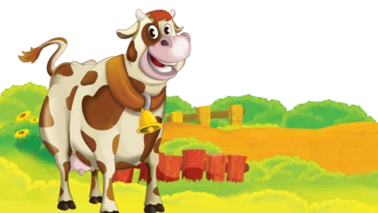 Fototapeten cartoon farm scene with cow illustration for children © honeyflavour