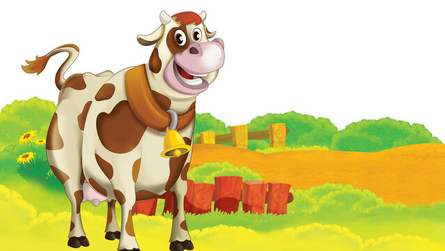 cartoon farm scene with cow illustration for children