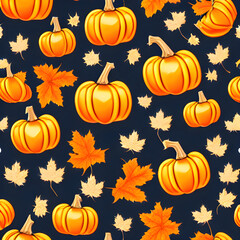 かぼちゃと紅葉がたくさん並んだイラスト。