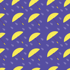 Pattern with yellow umbrellas and raindrops on a purple background. For fabrics and wrapping paper. Vector.