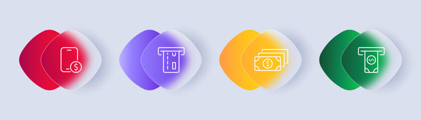 Banking set icon. ATM, cash advance, dollar bills, currency, phone, cashless payment, bank, money. Financial management concept. Glassmorphism style. Vector line icon for Business and Advertising