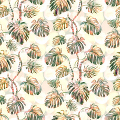 Seamless summer watercolor pattern with monstera leaves on a white background for textile 