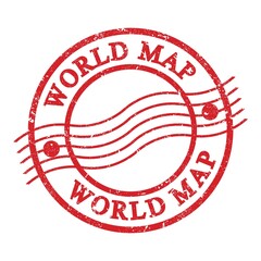 WORLD MAP, text written on red postal stamp.