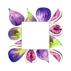 Frame design with watercolor hand drawn figs. Illustration of sweet fresh crop. Organic food for label, menu, recipes, packaging. Summet fruit harvest.