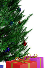 Close up part of Green fir tree with a garland with light bulbs, a star, colored glass balls and gift boxes on a transparent background, 3d rendering