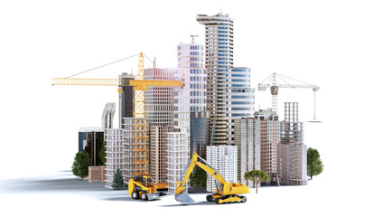 3D conceptual illustration of construction diggers and cranes in city