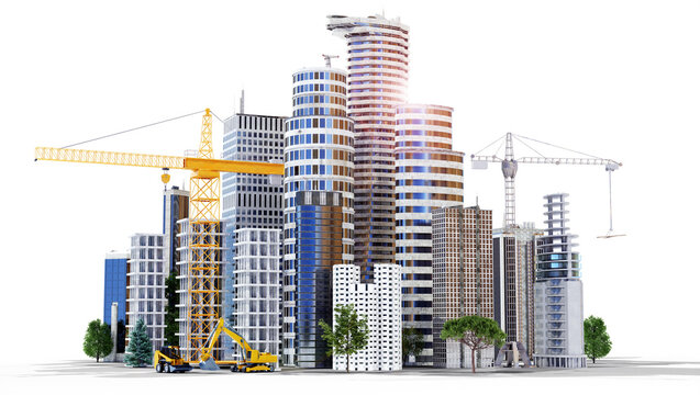 3D rendering of skyscrapers and construction vehicles