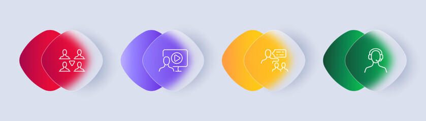 Working routine set icon. Online conference, exchange information, teamwork, presentation, operator, speech bubble, consultation. Business concept. Glassmorphism style. Vector line icon for Business