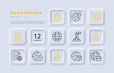 Worldwide work set icon. Hands, planet, branch, goal, achieve, achievement, document, clock, briefcase, delivery service. Business concept. Neomorphism style. Vector line icon for Business