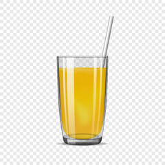 A glass of juice. Vetkornaya illustration. Realistic glass tumbler with liquid. Transparent glass. 3D vector juice glass on transparent background. Glassware. Fruit juice. Cocktail