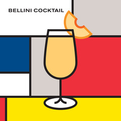 Bellini Cocktail in Champagne flute, garnish with peach wedge. Modern style art with rectangular color blocks. Piet Mondrian style pattern.