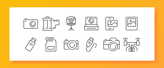 Fototapeta na wymiar Cameras set icon. Creativity, creative occupation, video shooting, cable, drone, quadcopter, tripod, flash drive, sd card, usb, view, camera roll, film. Art concept. Vector line icon for Business