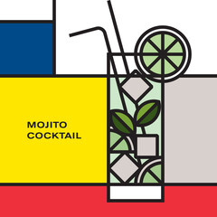 Mojito Cocktail in Collins glass with lime wedges, mint leaves and two drinking straws, garnished with lime slice, served with ice cubes. Modern style art with rectangular color blocks. Piet Mondrian.
