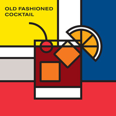 Old Fashioned Cocktail in Old fashioned glass, garnished with orange slice and Maraschino cherry, served with ice cubes. Modern style art with rectangular color blocks. Piet Mondrian style pattern.