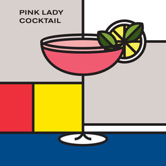 Pink Lady Cocktail in Cocktail glass, garnished with lemon slice and mint leaves. Modern style art with rectangular color blocks. Piet Mondrian style pattern.