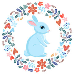 Decorative bunny, rabbit in a round wreath of flowers. Vector character.