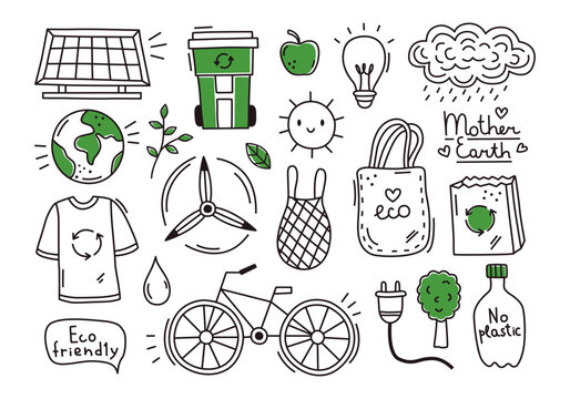 Vector set of simple ecology doodles. Alternative energy, nature protection, water and air pollution, trash recycle, green technology illustrated in child sketch style. Cute outline eco drawings