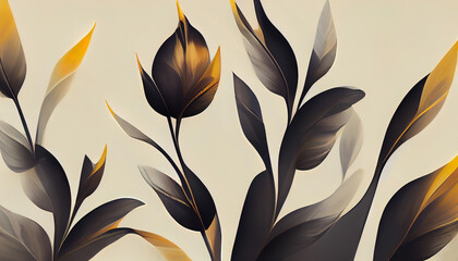 Dark minimal plant wallpaper. Plant illustration drawing. Nature texture. Silhouette of flowers and leads. Wedding card decoration paper. Graphic ornate. Elegant modern vintage flower. Dark foliage.