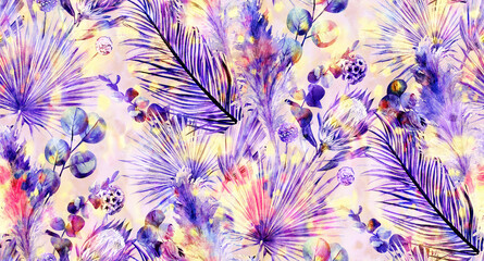 Seamless watercolor pattern with protea flowers and tropical palms and eucalyptus branches drawn for textile for textile