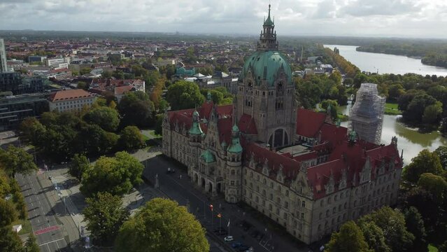 Aerial of the town hall in lower Saxony, gloomy, cloudy sky background, Germany