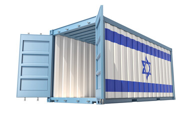 Cargo Container with open doors and Israel national flag design. 3D Rendering