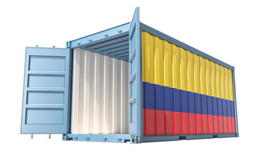 Fototapeta premium Cargo Container with open doors and Colombia national flag design. 3D Rendering