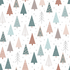 Stylish seamless Christmas background with doodle abstract Xmas trees in geometric shape. Cute pastel palette
