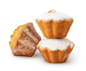 Three muffins with raisin and powdered sugar isolated on white background with clipping path